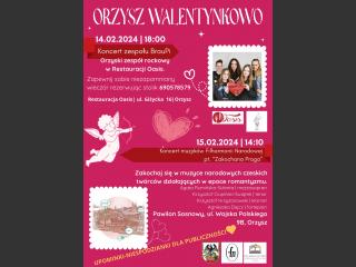 Plakat z informacjami o wydarzeniach w Orzyszu z okazji Walentynek.