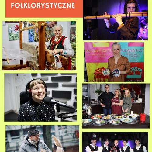 Plakat XVI Orzyskich Spotkań Folklorystycznych. Zdjęcia osób, zespołow biorących udział w festiwalu.