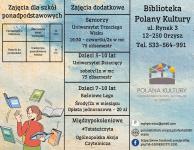 Plakat informujący o ofercie zajęć Bibliotece Polany Kultury 
