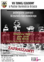 Plakat turnieju szachowego. Na nim informacje o imprezie, w tle pionki szachowe.